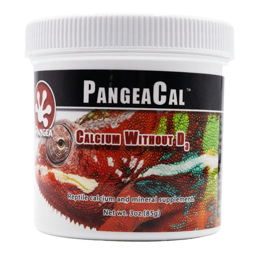 A white container labeled Pangea Calcium by ReptiChip LLC features a colorful chameleon. This reptile calcium powder provides essential minerals without D3. Net weight: 3 oz (85g).