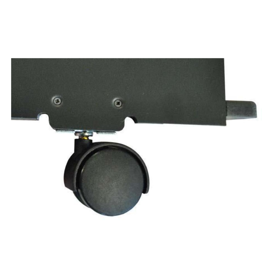 Close-up of a black caster wheel attached to the bottom of the VE Super 70-5 Rack by ReptiChip LLC, shown against a white background.