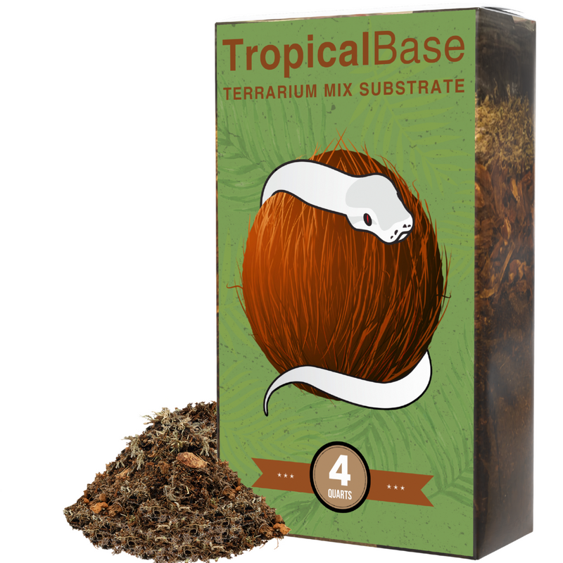 A 4-quart box of ReptiChip LLC’s TropicalBase Terrarium Mix; Bioactive Ready to Use features a white snake coiled around a coconut. Loose substrate is shown beside it—ideal for high humidity, bioactive tropical terrarium setups.