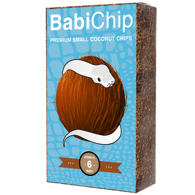 A box labeled BabiChip Premium Small Coconut Chips features an illustration of a white snake coiled around a brown coconut against a blue patterned background. A badge reads Expands to 6 quarts.
