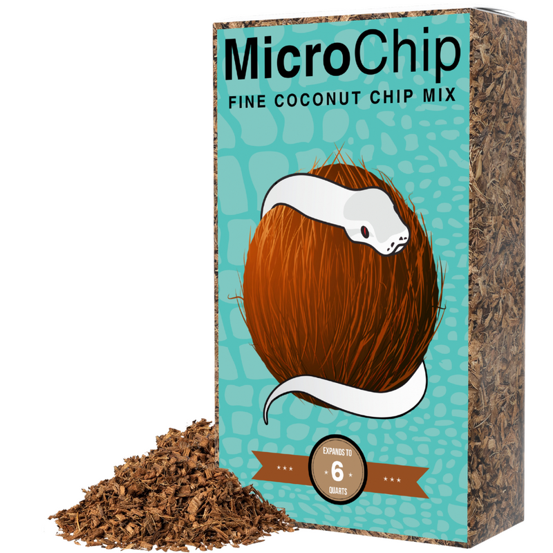 A box of MicroChip Fine Coconut Chip Mix by ReptiChip LLC, ready to use, shows a white snake coiled on a coconut amid spilled substrate, highlighting excellent humidity retention and expansion up to 6 quarts.