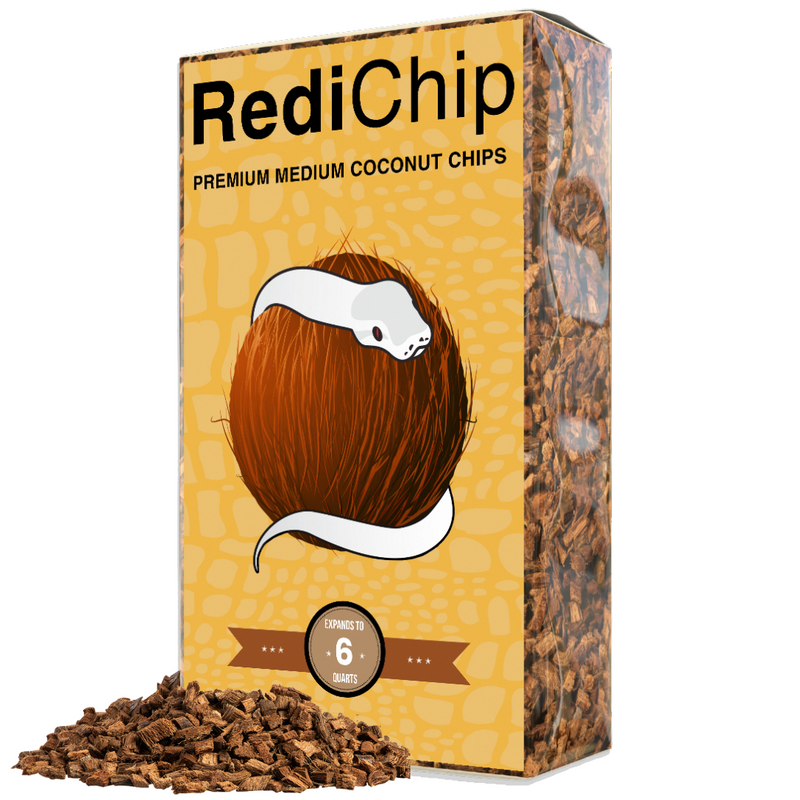 A box labeled RediChip Premium Medium Sized Coconut Chips by ReptiChip LLC shows a white snake curled on a coconut, with chips spilling out. The packaging notes the substrate is ready to use and expands to 6 quarts.