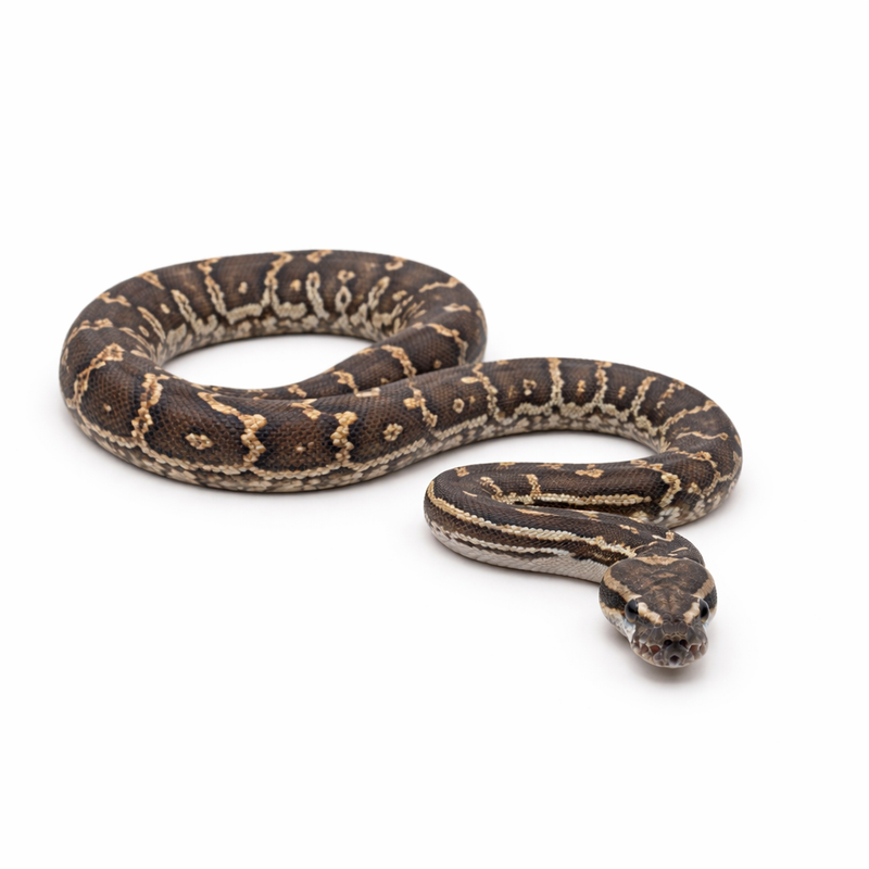 A brown and tan ball python snake is coiled on a white background, facing forward with its head slightly raised.