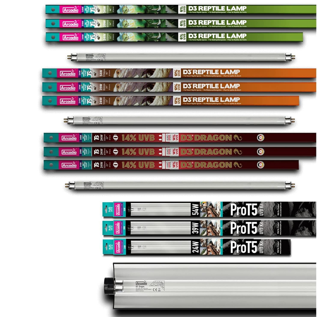 A range of Arcadia ProT5 UVB Lighting Kits (CPU) from Arcadia is displayed in rows, featuring various sizes and colorful packaging.