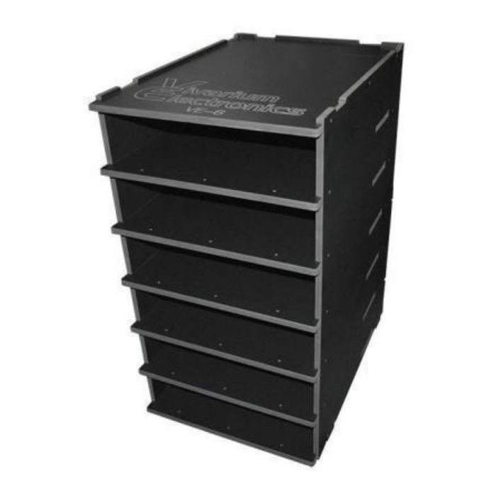 The VE-6 PVC Reptile Rack by ReptiChip LLC is a black, rectangular rack with five open shelves, ideal for organizing vivarium electronics or supporting a reptile housing system.