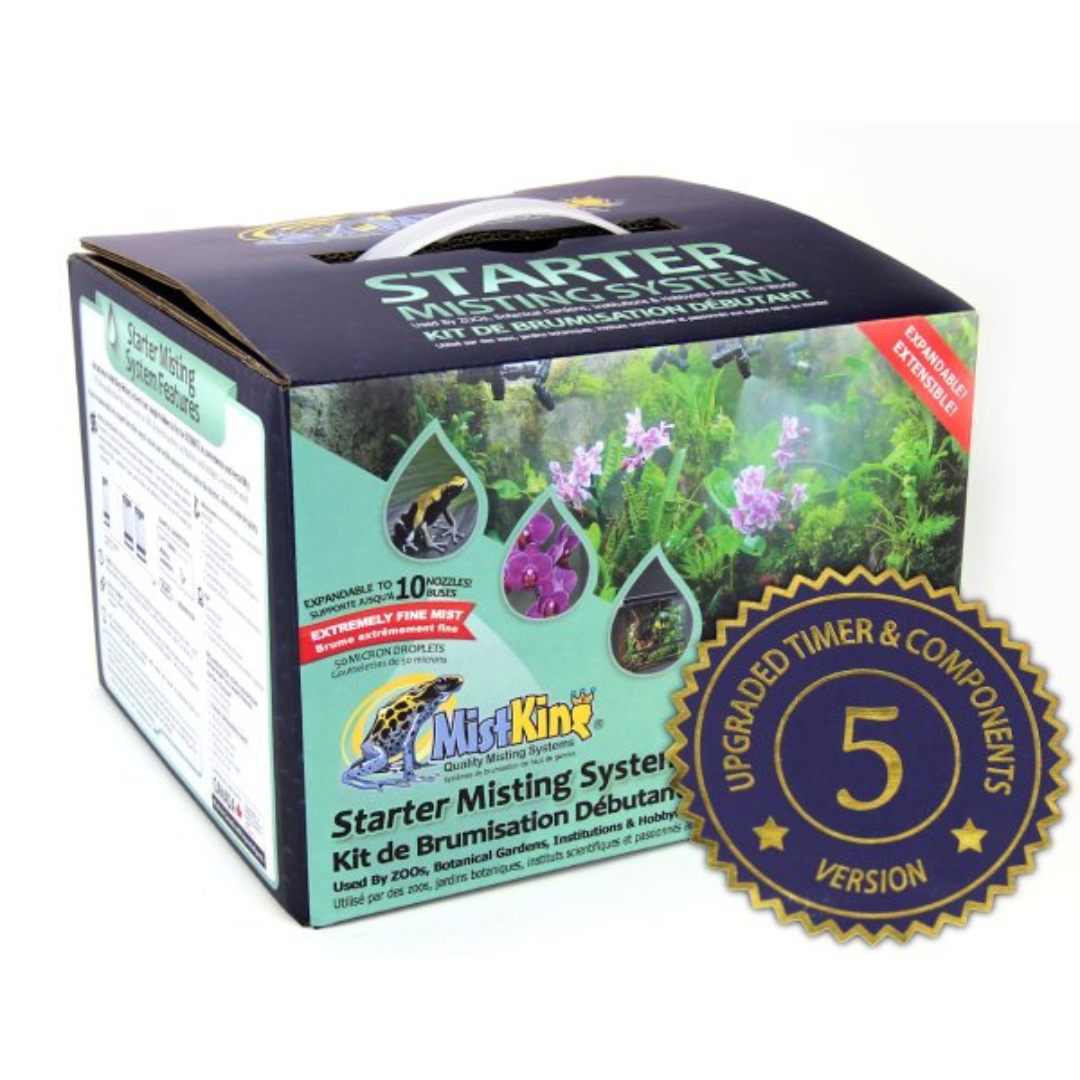 A box labeled MistKing Starter Misting System by ReptiChip LLC features plant and reptile images, a gold and blue “5 Version” seal, and highlights this terrarium misting system’s upgraded timer, components, and automated plant hydration benefits.