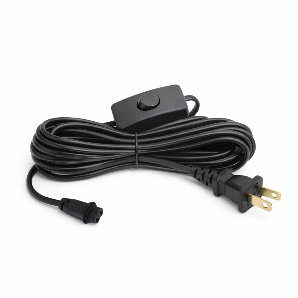 The ReptiChip LLC LumenIZE Pro T5 UVB Kit Power Cable is a coiled black replacement cable with an inline switch, two-prong plug, and round connector—ideal for Arcadia UVB lighting or the LumenIZE Pro T5 UVB Kit.