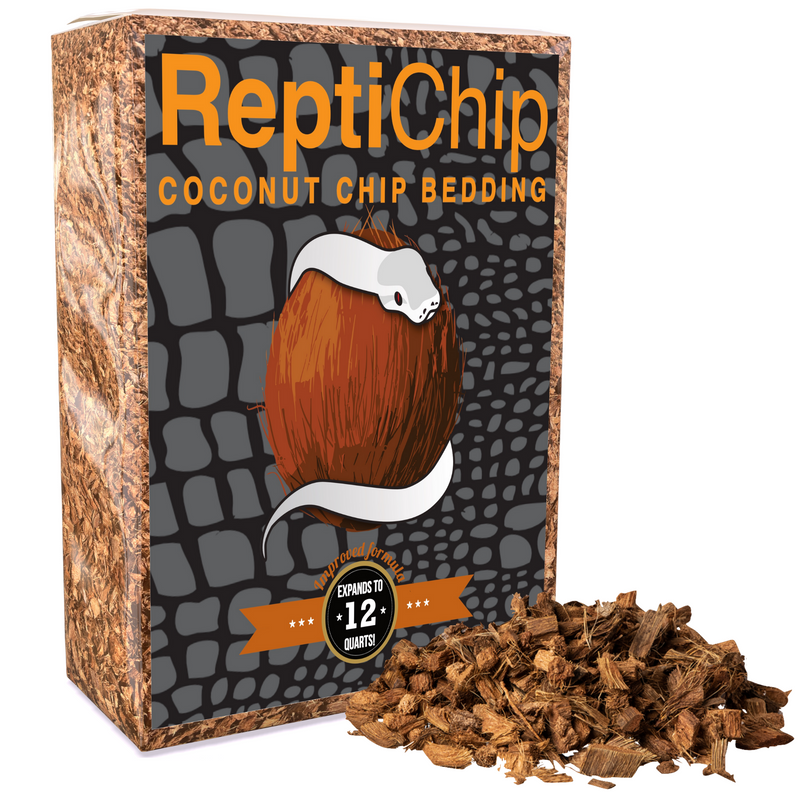 A large bag of ReptiChip LLC's Coarse Coconut Chip Mix displays a white snake coiled around a coconut on the label, with loose bedding beside it. Text on the bag highlights: Expands to 12 Quarts.