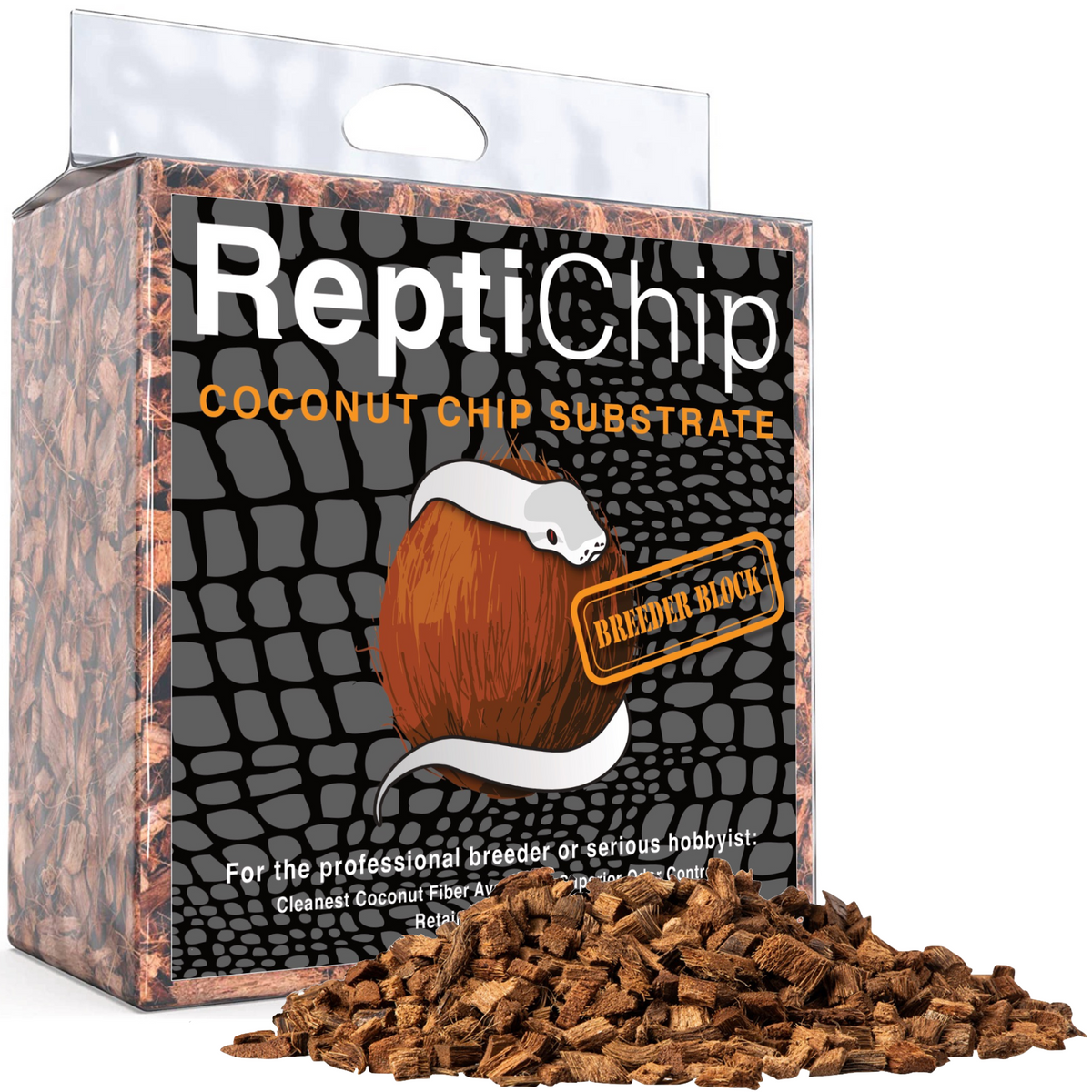 A box of ReptiChip Coconut Chip Substrate, featuring a graphic of a coconut with a snake wrapped around it and labeled Breeder Block. Some loose coconut chips are scattered in front of the box.