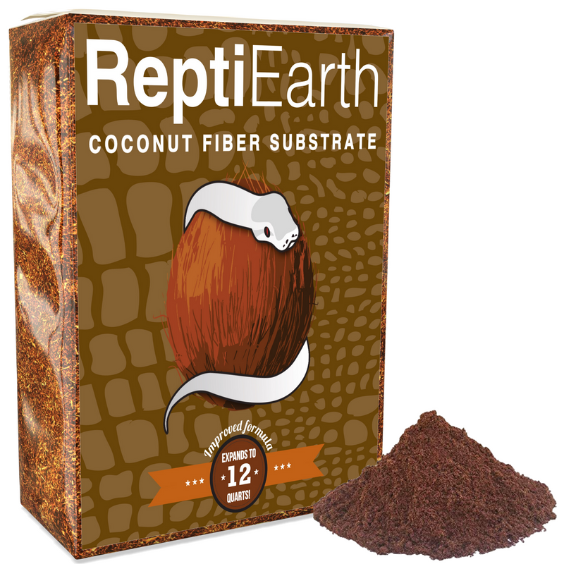 A bag of ReptiChip LLC's ReptiEarth Fine Coconut Fiber Mix, Ready to Use, displays a white snake coiled around a coconut on the packaging with a brown pile of substrate beside it. Text notes the mix expands to 12+ quarts.