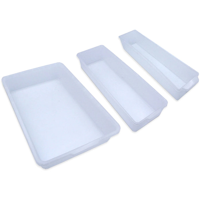 Three white plastic VE-6 Reptile Rack Tubs from ReptiChip LLC are shown in different sizes, perfect for use as reptile tubs with the Vivarium Electronics VE-6 rack system in professional reptile setups.