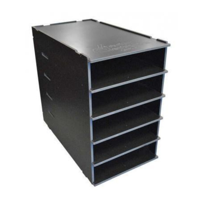 The VE Super 70-5 Rack by ReptiChip LLC is a black, rectangular organizer with five open compartments resembling a compact reptile rack system, displayed on a white background.