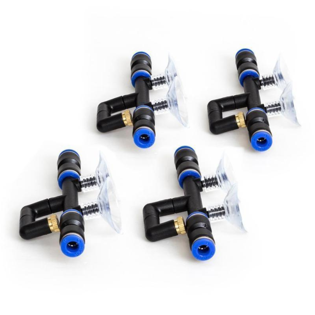 Four black plastic HabiStat Rainmaker Pro suction cup holders by ReptiChip LLC with adjustable valves and blue accents—perfect for aquarium airline tubing or adding to a reptile terrarium misting system. Shown on a white background.