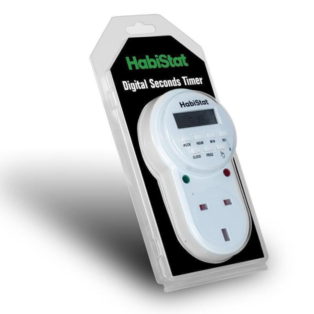 The ReptiChip LLC HabiStat Rainmaker Pro is a digital timer with display and UK socket, providing precise control—perfect for automated misting or humidity regulation in reptile terrariums.