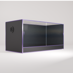 A rectangular glass enclosure with black solid sides and base, featuring a circular ventilation panel on one end and transparent front and top panels, set against a plain white background.